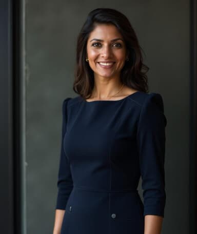 AI-generated headshot of a woman with dark hair, wearing a navy dress, standing against a dark background.
