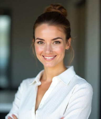 Headshot of a woman with a neat bun and a confident smile, wearing a white blouse in a softly lit office setting. Ideal for business profiles or corporate headshots.