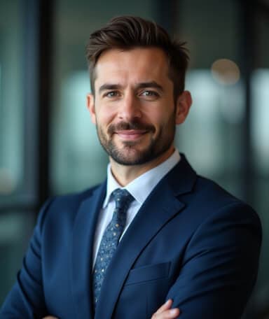 Professional headshot of a confident man with short hair and a beard, dressed in a navy suit and patterned tie, standing in a modern office with a blurred background, ideal for corporate or LinkedIn profiles.