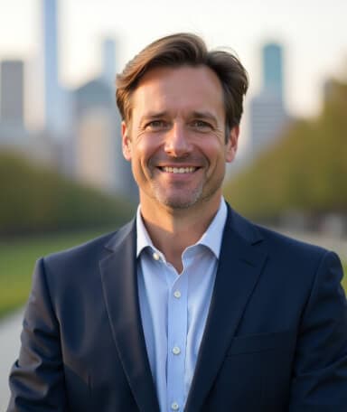 Corporate photo of a smiling man in a blue suit and light shirt, standing outdoors with a blurred urban skyline and greenery in the background, suitable for professional or personal branding.
